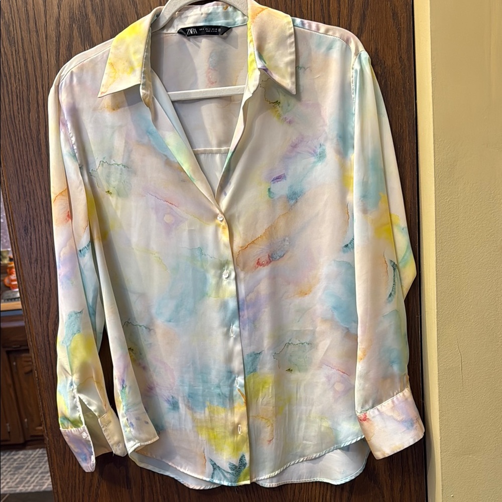 Zara Watercolor Button-Up Blouse